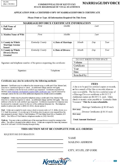 Download USA Commonwealth of State registrar of vital statistics of Kentucky divorce certificate Photoshop template